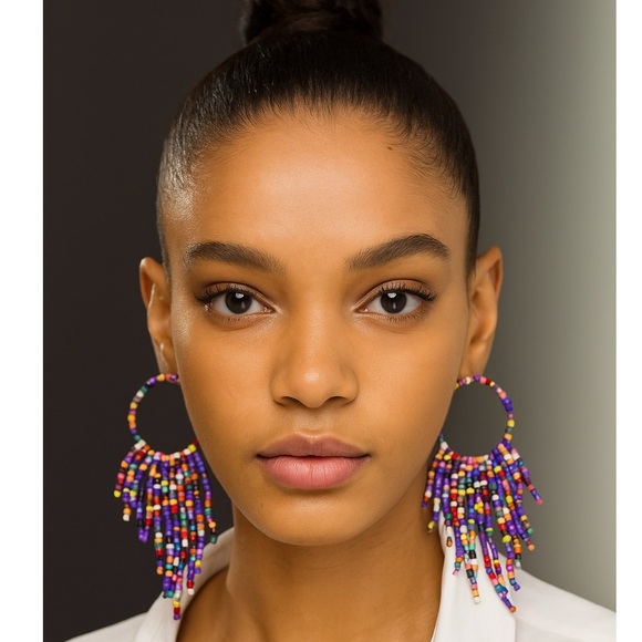 Beaded Multicolored Fringe Hoop Earrings - Picture 2 of 13